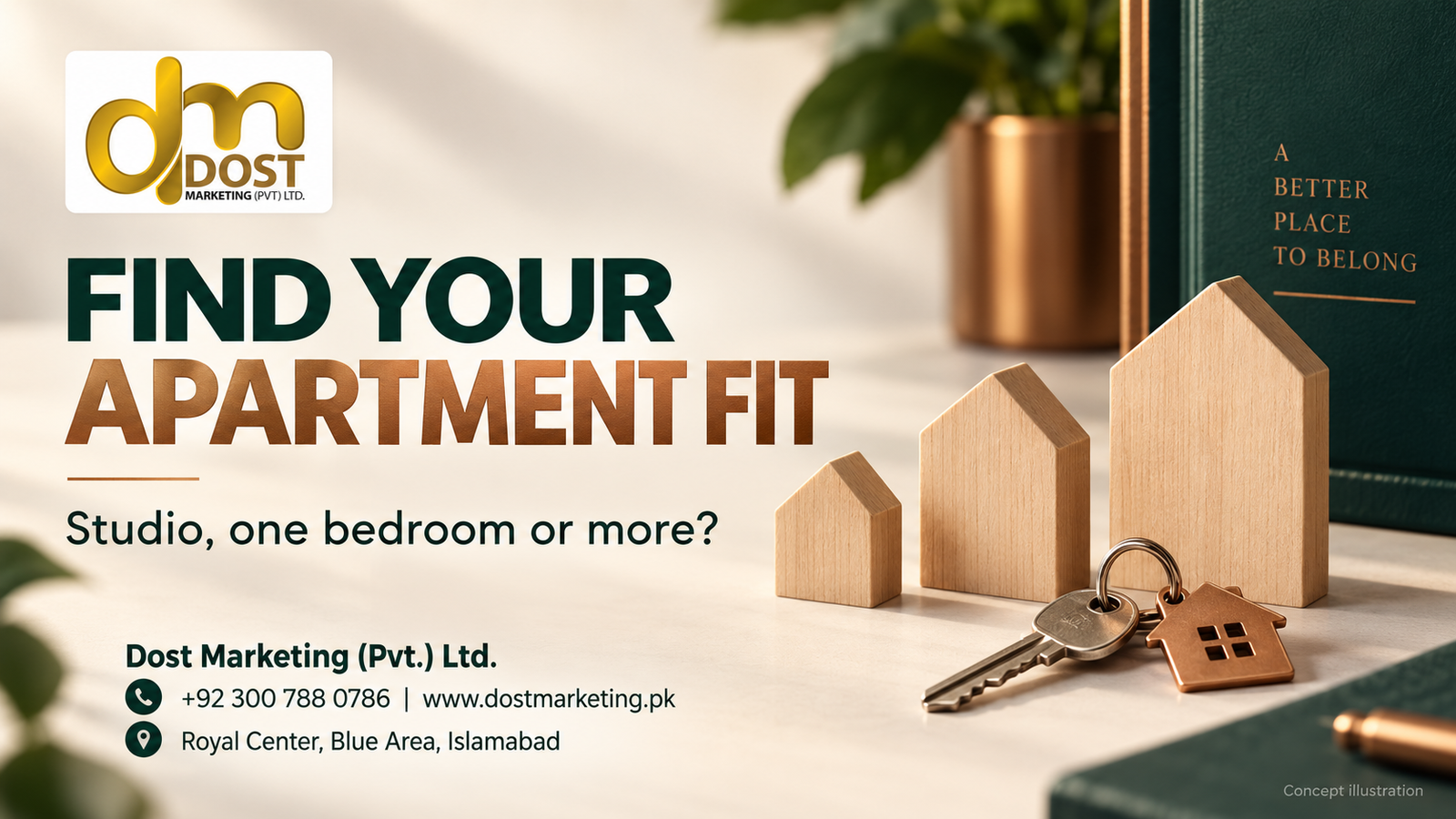 Conceptual wooden architectural blocks and a key illustrate apartment-size choices.