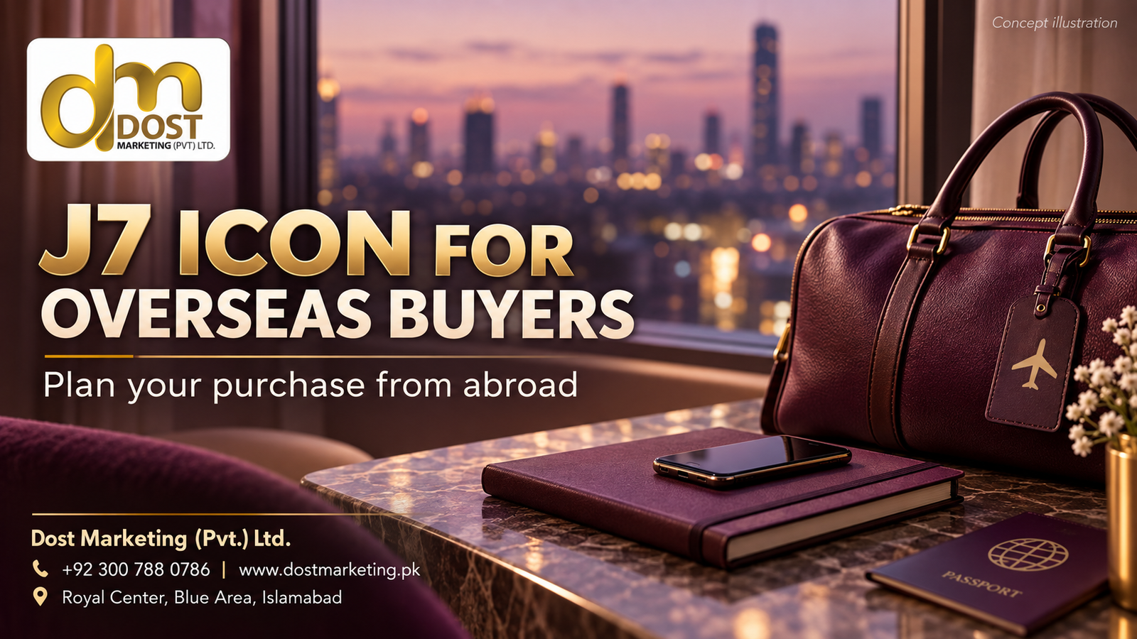 A travel bag, phone and notebook illustrate an overseas property enquiry.