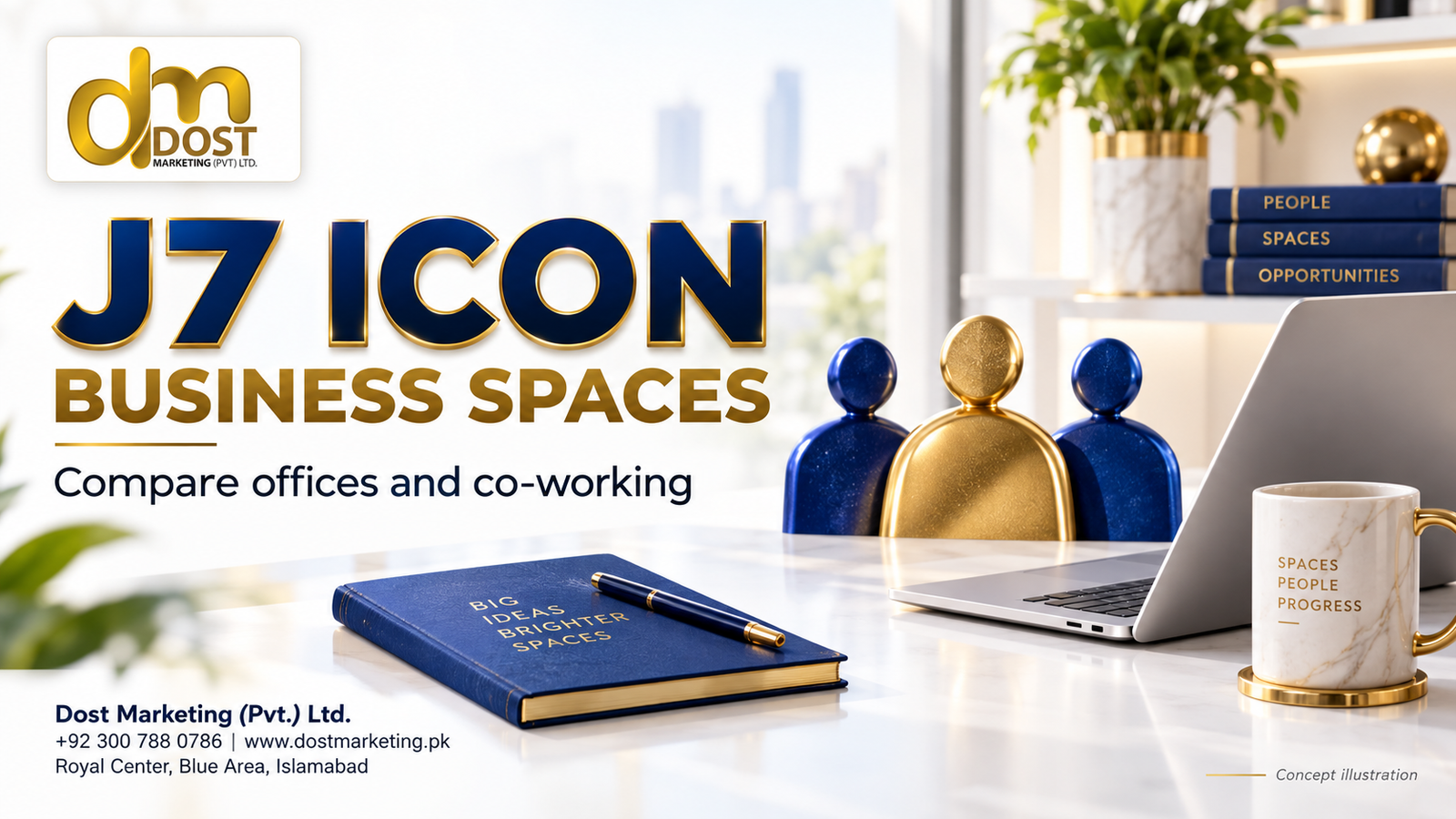 A desk, laptop and abstract team figures illustrate business-space planning.